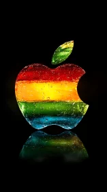 3D liquid glass apple emblem with prismatic color bands.