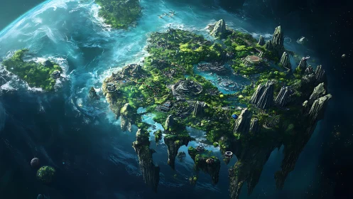 Floating Island Civilization in Cosmic Waters.