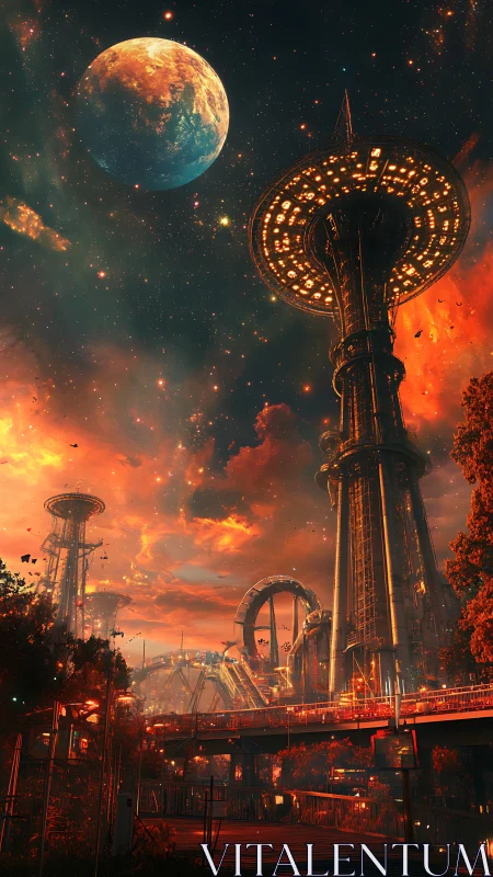 Orbital tower city under blazing nebula sky at dusk.