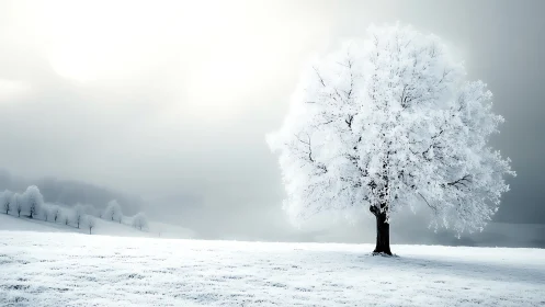 Solitary frost covered tree in open winter landscape.