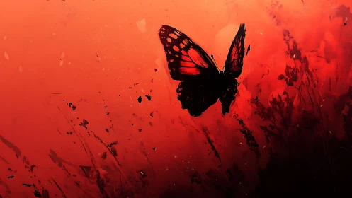 Silhouetted butterfly against textured red abstract field.
