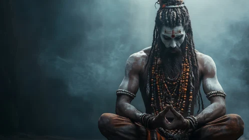 Mystic ascetic in smoke-filled void holding intense meditation.