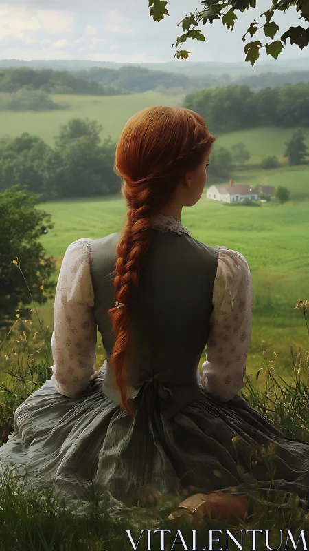 Red-haired girl in pastoral dress overlooking quiet valley.