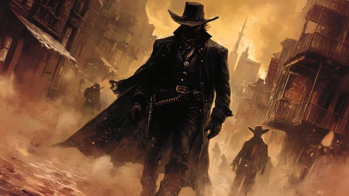 Lone gunslinger walks through dusty burning frontier town.