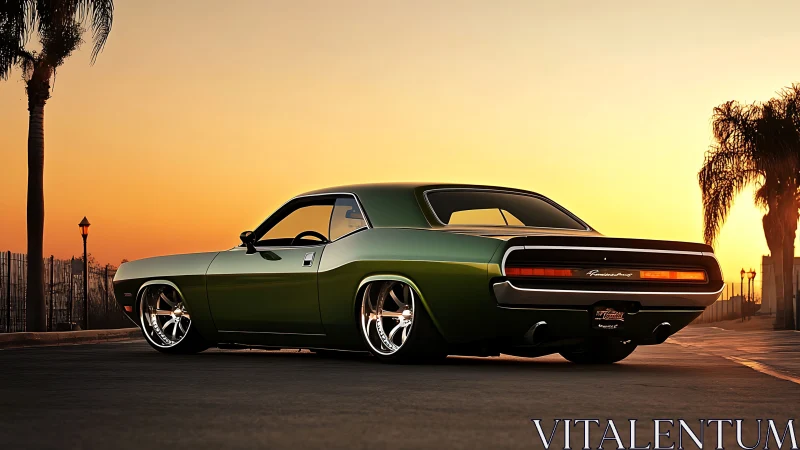 Green classic muscle car at sunset in palm-lined street.