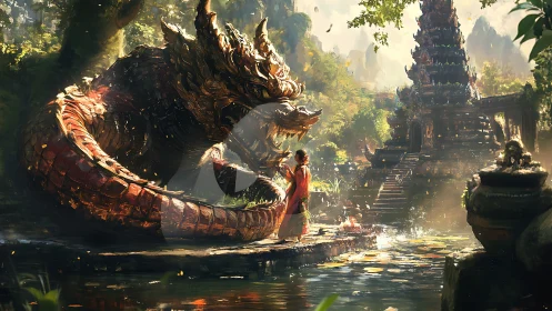 Serpent guardian and monk amid luminous jungle temple.