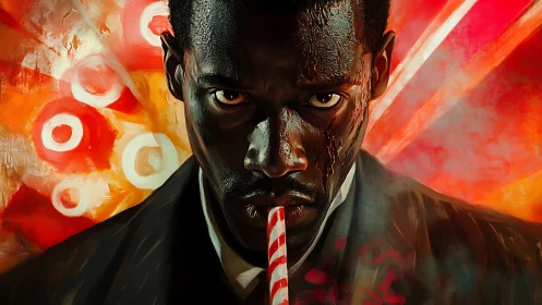 Intense portrait of suited man with straw and kinetic red bokeh