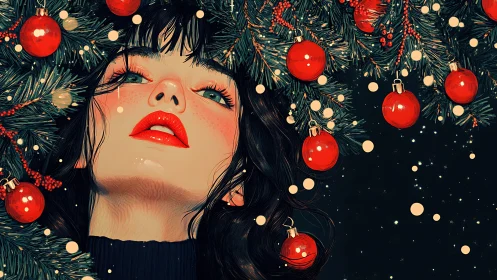 Digital painting portrait beneath festive evergreen boughs.