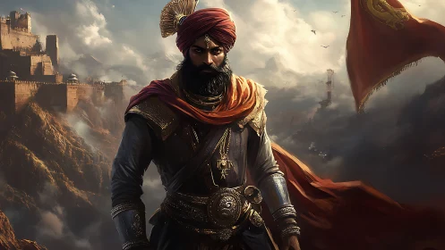 Warrior prince beneath stormlit fortress banners poised.