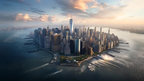 Manhattan Skyline at Golden Hour. Aerial Urban Vista.
