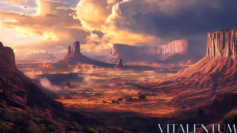 Sunlit desert canyon valley with towering sandstone mesas