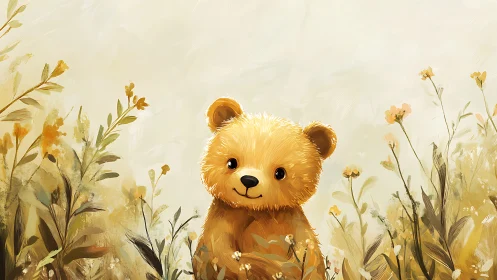Cute golden bear cub sitting among soft field flowers.