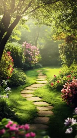 Radiant stone path through botanically dense garden corridor.