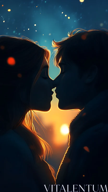 Silhouetted Kiss with Glowing Heart.