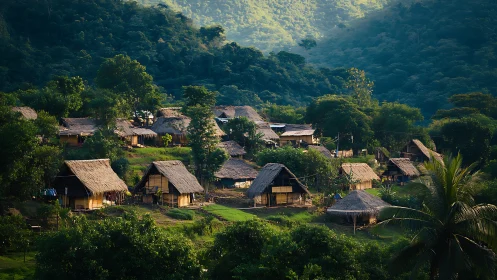 Sunlit hillside village nestles gently among lush green forest