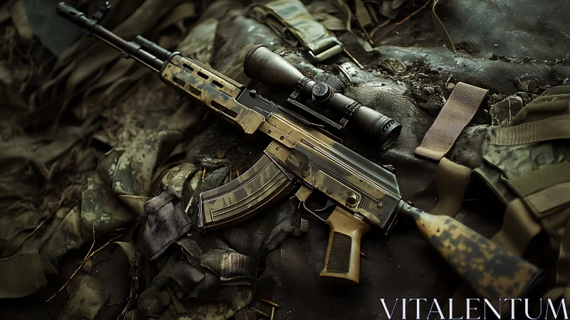 Scoped desert rifle resting in rugged tactical stillness.