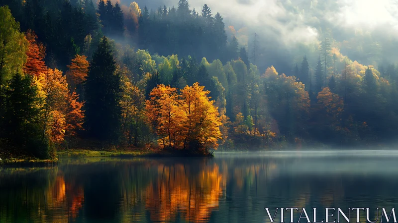 Autumn shoreline forest reflected in still mountain lake at dawn