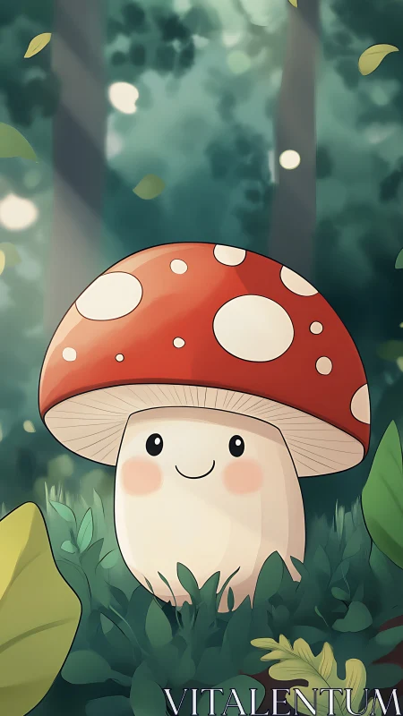 Cute red mushroom character in soft forest light scene.