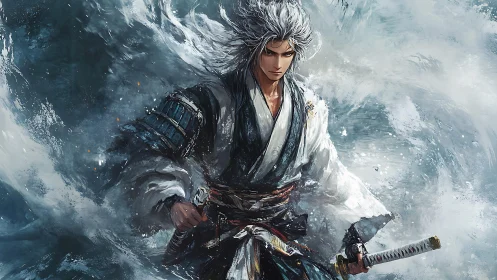 Storm-forged samurai warrior with twin katanas.