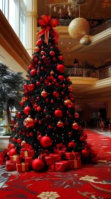 Grand lobby Christmas tree with red ornaments and gifts