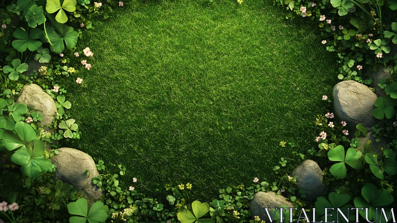 Lush clover clearing framed by stones and wildflowers.
