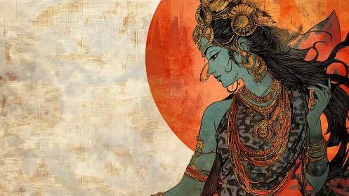 Digital painting of ornate goddess profile with sun halo backdrop.