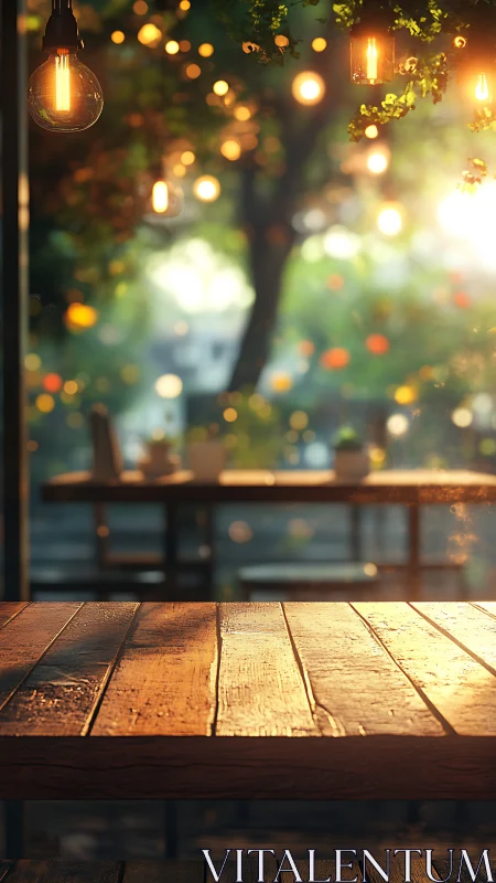 Wooden table surface under warm bistro string lights at dusk