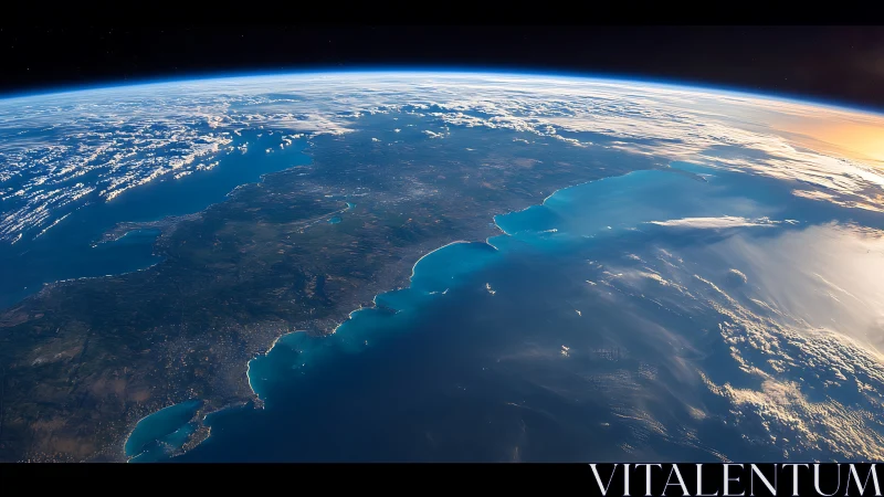 Low Earth orbit view of curved coastline with atmospheric limb scattering