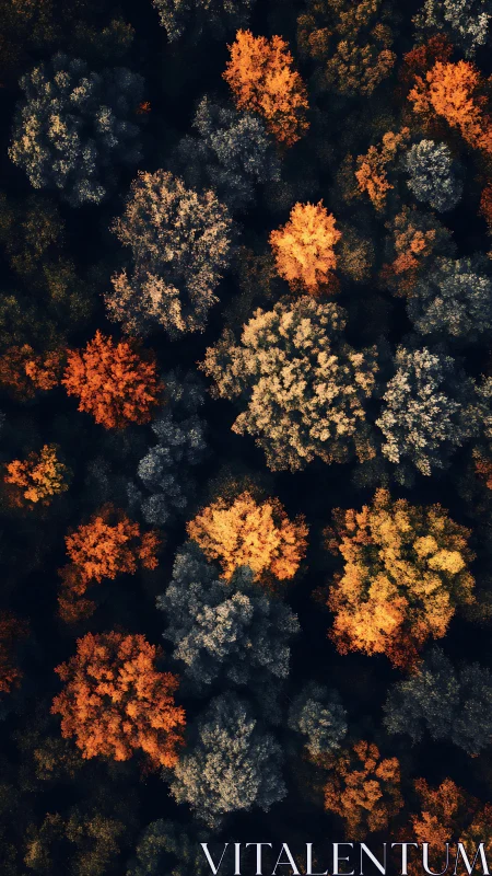 Digital painting of aerial autumn canopy in clustered plan view.
