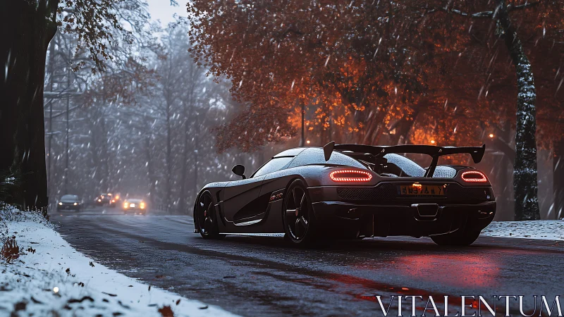 Sleek sports car glowing warmly on a snowy forest road.