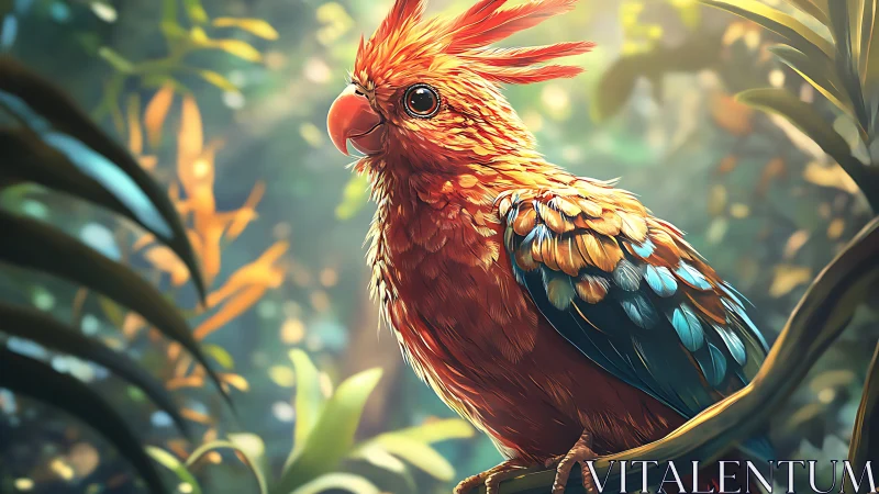 Vibrant Red Parrot in Lush Jungle, Digital Painting Style.