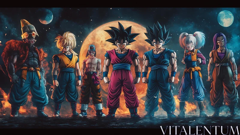 Moonlit warrior lineup on a blazing cosmic battlefield.