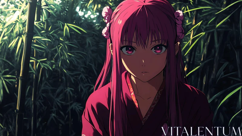 Pink haired girl in kimono stands in shaded bamboo grove.