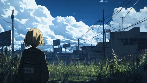 Solitary youth crossing overgrown lot toward silent townscape.