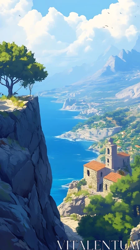 Mediterranean Coastal Vista with Ancient Tower Ruins