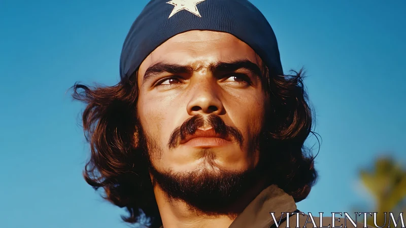 Portrait of bearded man in cap under clear blue sky