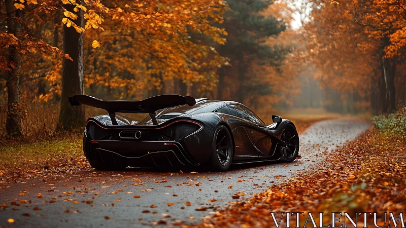 Midnight hypercar gliding through copper-burnished autumn hush.