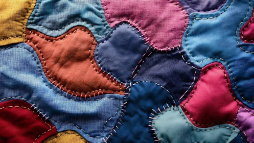 Close-up view of colorful hand-stitched patchwork quilt.