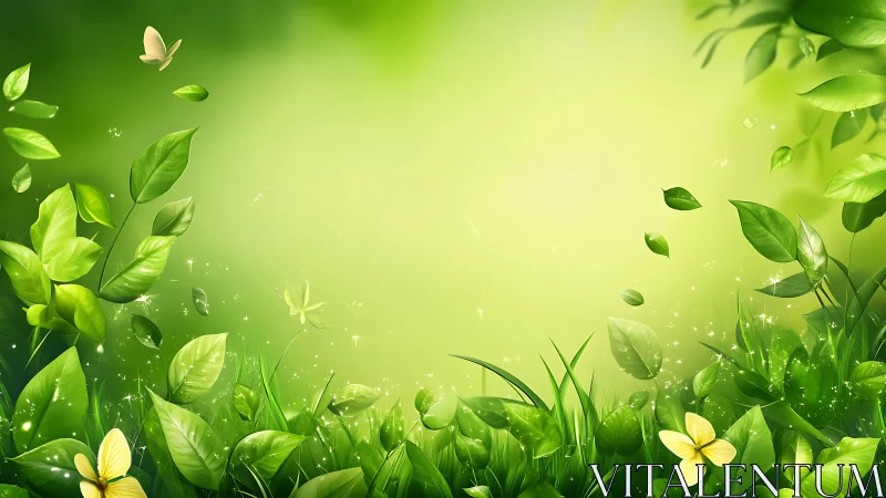 Green leaves and butterflies on bright nature background.