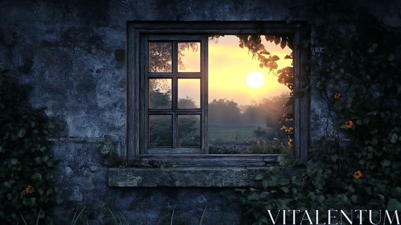 Weathered stone wall window frames distant sunrise landscape