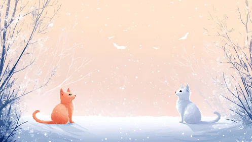 Chromatic Fox Diad in Snowed Forest Landscape.