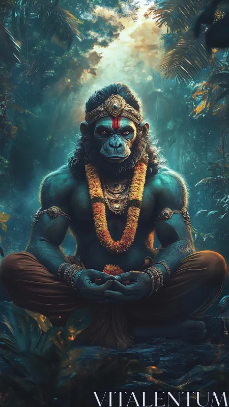 Simian deity in meditative pose rendered as luminous digital painting