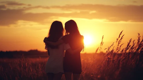 Two friends embrace in a golden sunset field, warm and nostalgic.