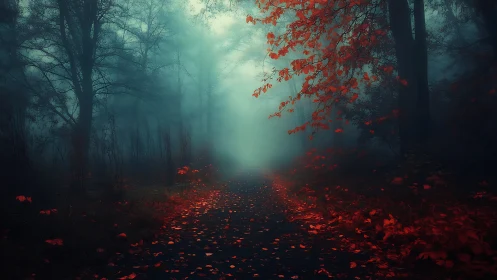 Foggy forest path with vivid red autumn foliage at dusk.
