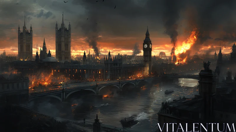 Burning London skyline with Big Ben and dark river smoke.