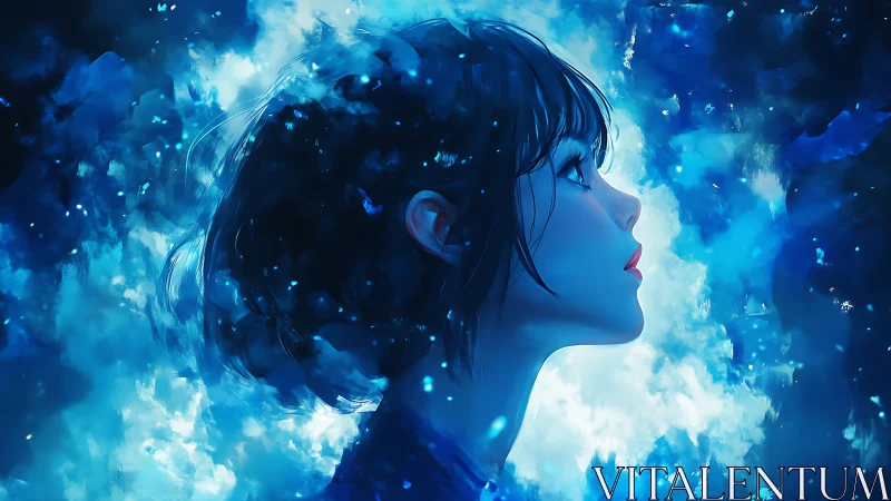 Profile portrait girl glowing in cosmic blue nebula storm.