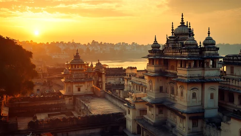 Sunrise gilds riverside palace domes in timeless cityscape.