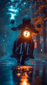 Motorcyclist rides through neon rain on a misty forest road.