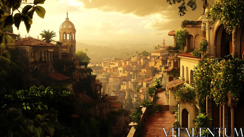 Sunlit hillside city terraces under golden sky at dusk.