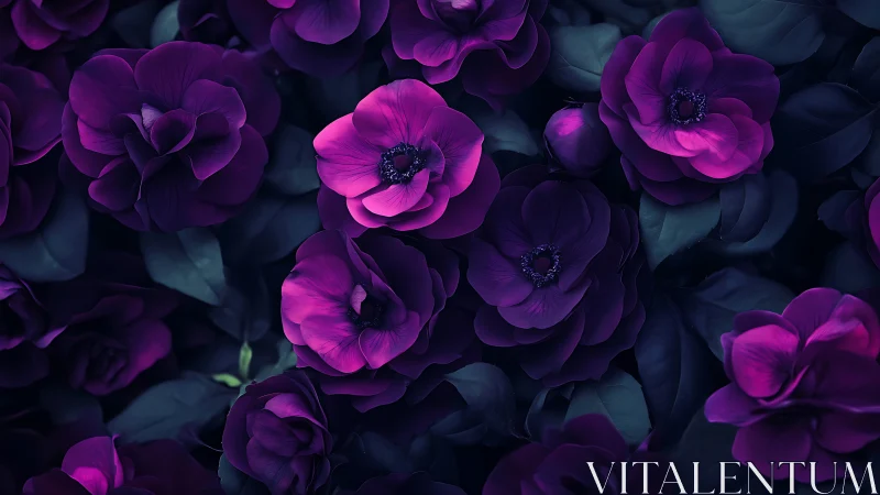 Neon Purple Anemone Flowers in Dark Garden Setting.